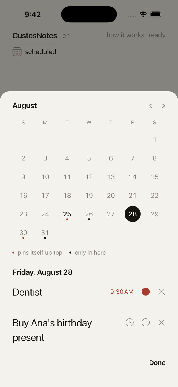 The CustosNotes calendar: August with a red or black dot on the days that have notes, and Friday 28 opened underneath showing two of them