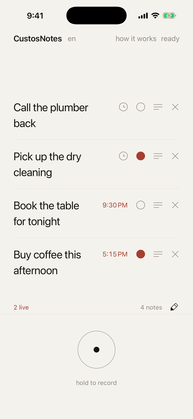 CustosNotes on iPhone: four voice notes, two pinned live, two with time reminders
